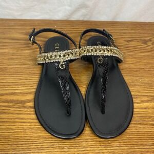 Guess Sandals Thong Rhinestone Chain Embellished Black Flats Size‎ 6M
